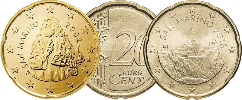 20 евроцентов Сан-Марино первой (слева) и второй серий