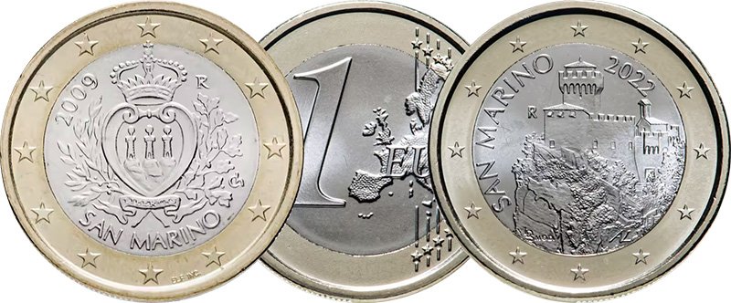 1 евро Сан-Марино первой (слева) и второй серий