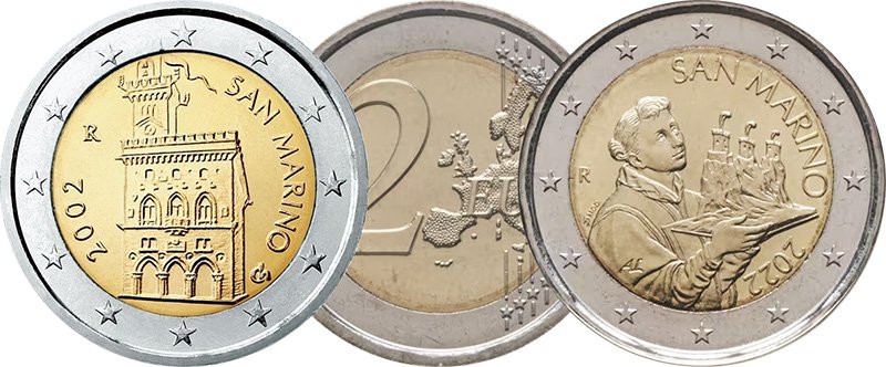 2 евро Сан-Марино первой (слева) и второй серий