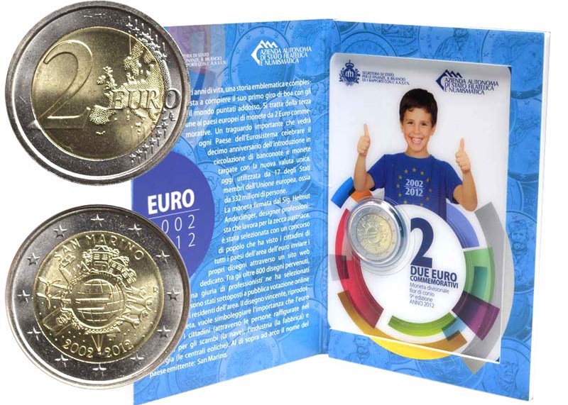 2 евро Сан-Марино 2012 года «10 лет наличному обращению евро»
