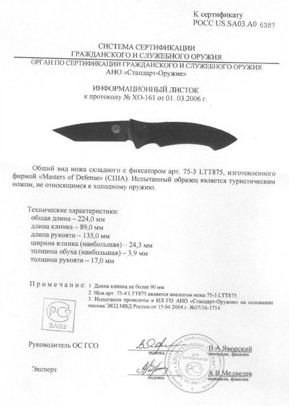 Нож складной с фиксатором Master of Defense «75-3 LTT875» («75-4 LTT875»)