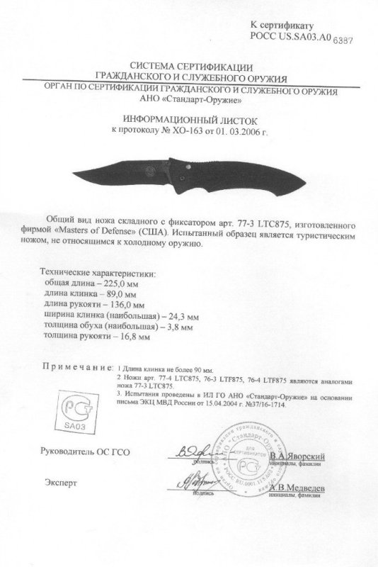 Нож складной с фиксатором Master of Defense «77-3 LTC875» («77-4 LTC875», «76-3 LTF875», «76-4 LTF875»)