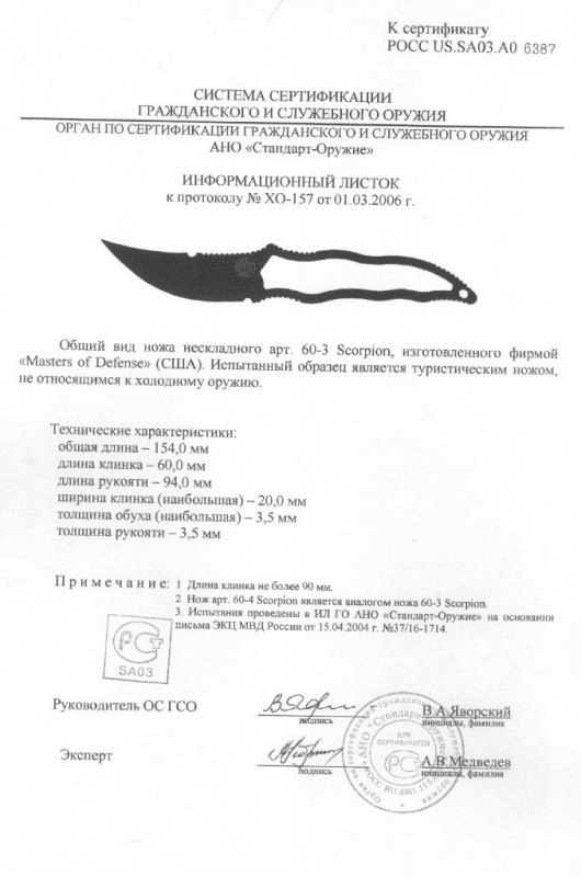 Нож нескладной Master of Defense «60-3 Scorpion» («60-4 Scorpion»)