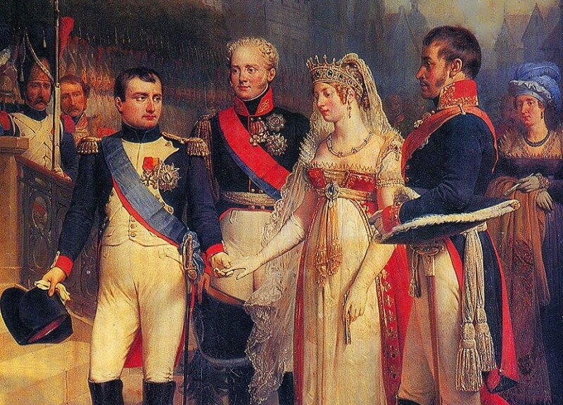Наполеон I, Александр I, Луиза Прусская, Фридрих Вильгельм III на картине «Тильзитское свидание» 1807 г.