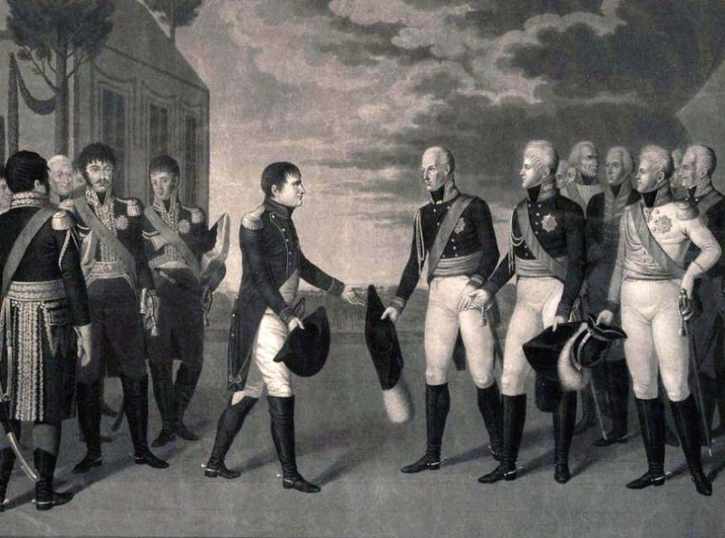Встреча Наполеона, Александра и Фридриха Вильгельма на Немане. Гравюра 1808 г.
