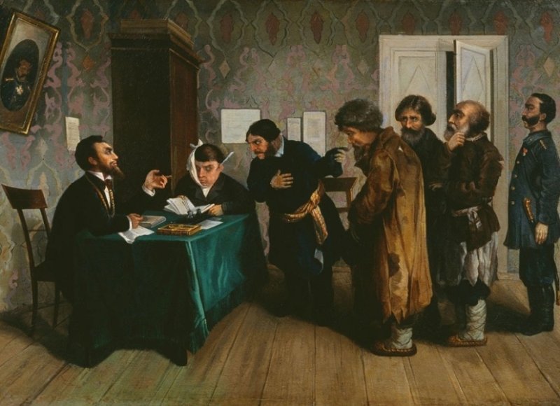 Прием просителей в губернском суде. Рисунок XIX в.