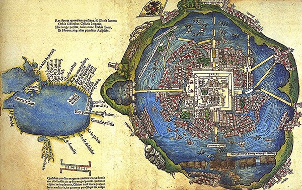 Карта-схема Мехико-Теночтитлана из латинского издания «Реляций» Кортеса (Нюрнберг, 1524)