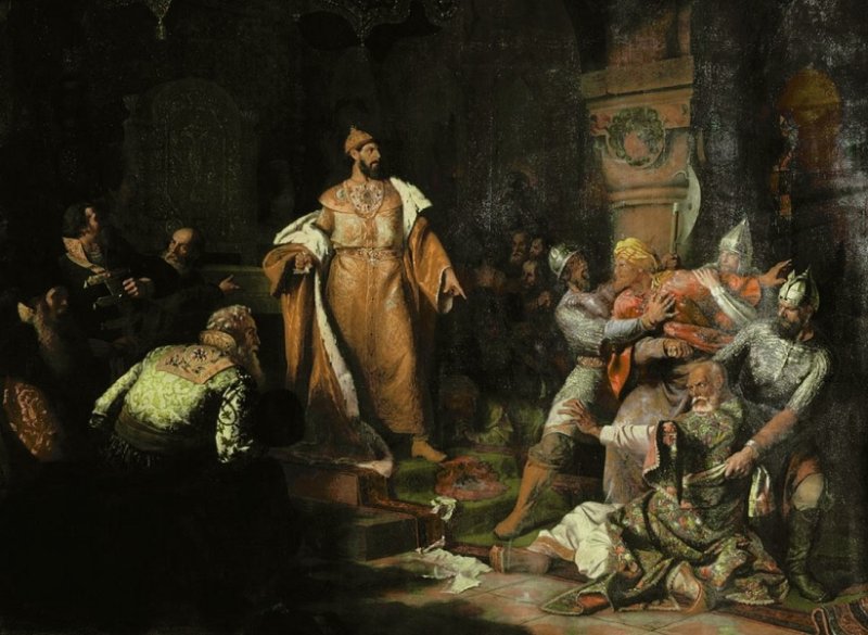 Иван III свергает татарское иго, разорвав изображение хана и приказав умертвить послов. Картина 1862 г.