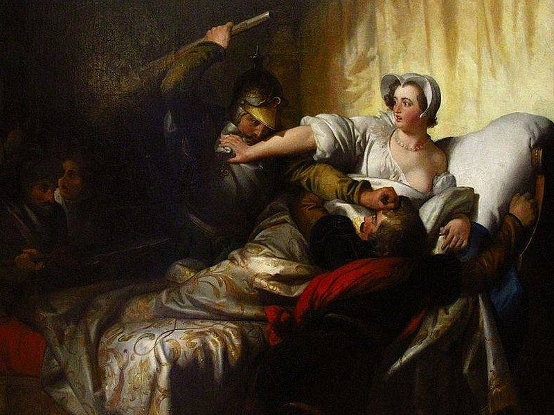 Маргарита Наваррская защищает гугенота в Варфоломеевскую ночь. Картина 1820-х гг.