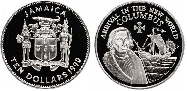 10 долларов. Ямайка. 1990 год. «Колумб в Новом Свете». Серебро