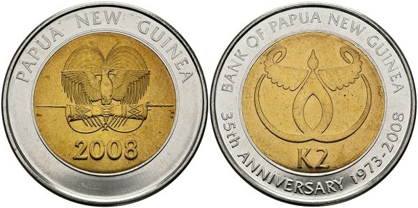 2 кина 2008 года. «35 лет Центральному Банку». Папуа-Новая Гвинея. Биметалл