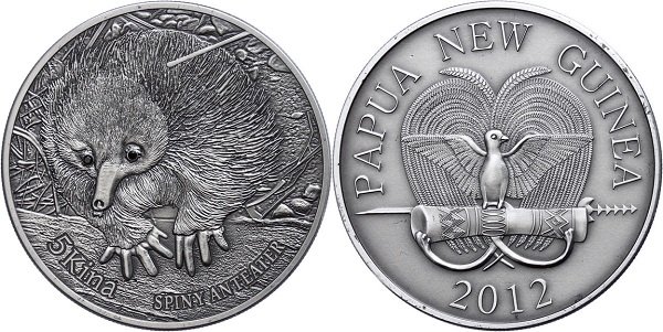 5 кина 2012 года. Ехидна. Папуа-Новая Гвинея. Коллекционная монета. Серебро, 31 г