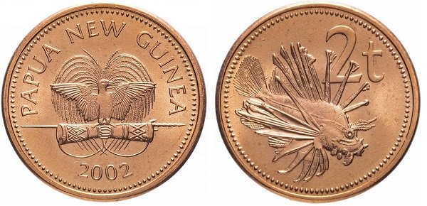 2 тойя 2002 года. Полосатая крылатка. Папуа-Новая Гвинея. Цинк с медным покрытием