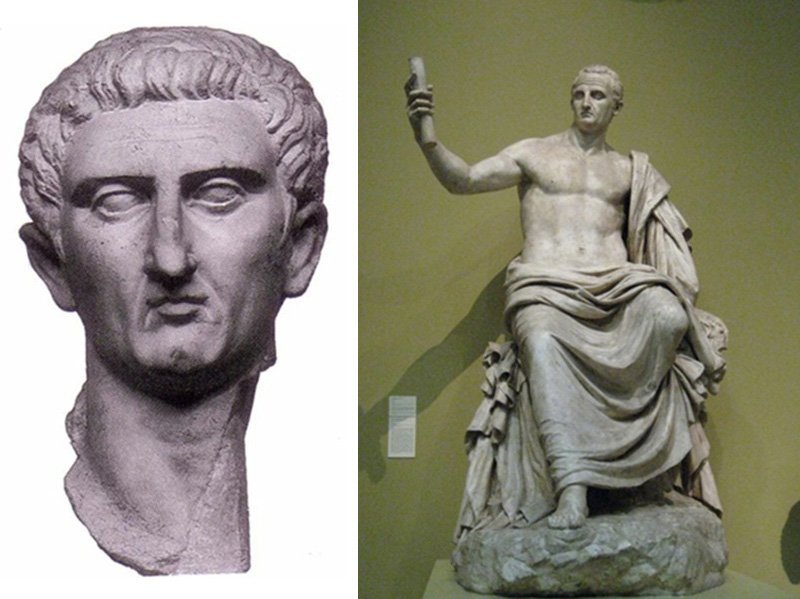 Бюст Нервы (слева) и статуя Нервы в образе Юпитера (справа)