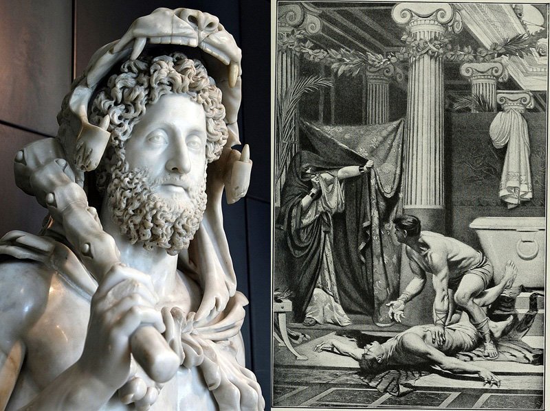 Статуя Коммода в образе Геркулеса и гравюра «Убийство Коммода»