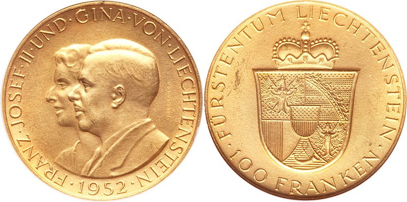 Коллекционные 100 франков Лихтенштейна 1952 года