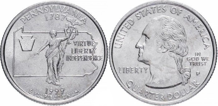25 центов «Пенсильвания», США, 1999 год. На реверсе изображена статуя «Содружество наций» на фоне географических контуров Пенсильвании, стилизованный замковый (краеугольный) камень. Справа отчеканен девиз штата "Достоинство, Свобода, Независимость"