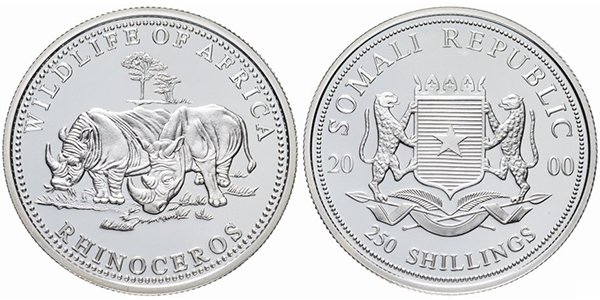Сомали, 250 шиллингов 2000 года «Носорог»