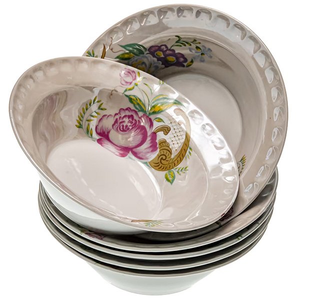 Набор тарелок для подачи горячих блюд на 6 персон с цветочным рисунком, фарфор, деколь, 1974-1991 гг.