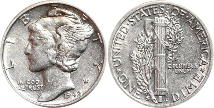 10 центов США  Mercury dime