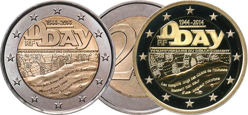 2 евро Франции 2014 года «70 лет высадке в Нормандии» (обычная и Proof)