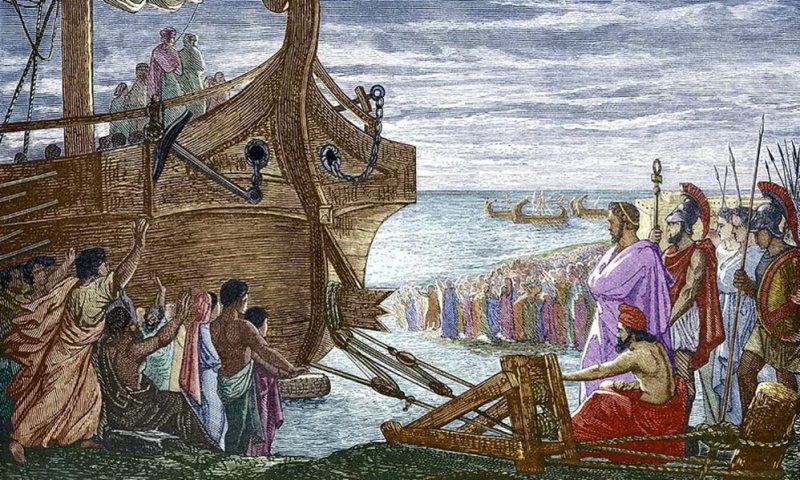 Архимед с помощью изобретенного механизма перемещает корабль