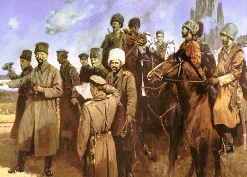 Генералы Деникин, Корнилов и Марков при штурме Екатеринодара. Картина 1996 г.