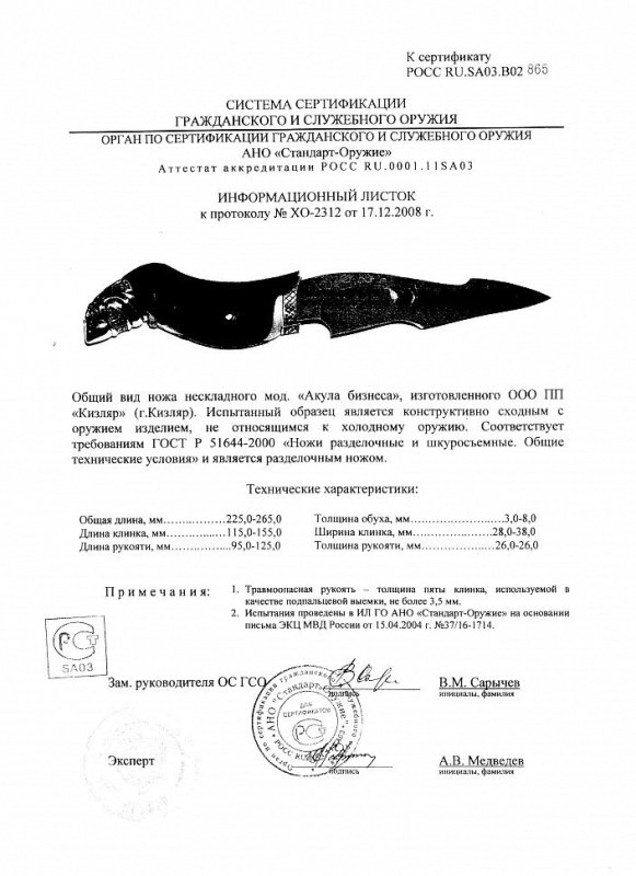 Нож нескладной ООО ПП Кизляр «Акула бизнеса»