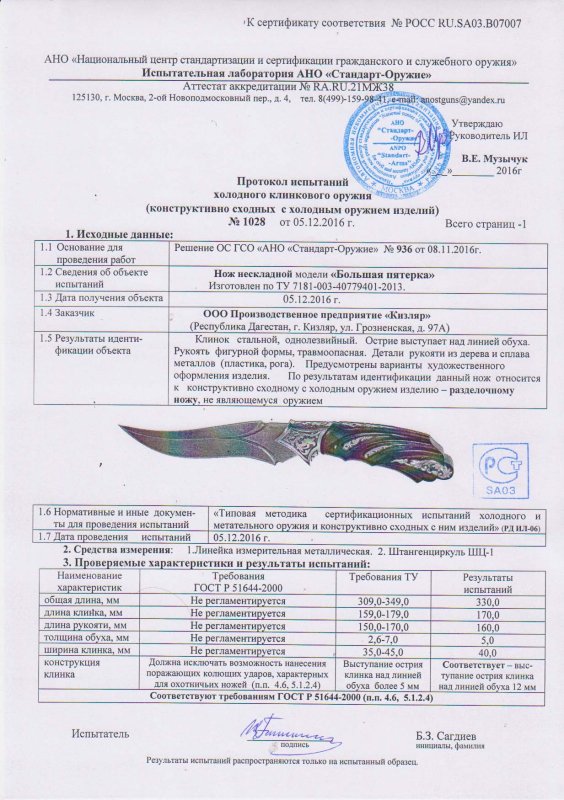 Нож нескладной ООО ПП Кизляр «Большая Пятерка»