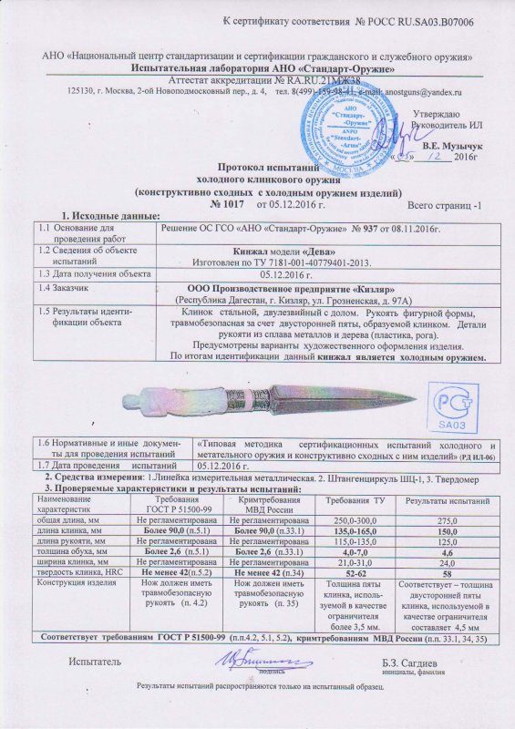 Кинжал ООО ПП Кизляр «Дева»