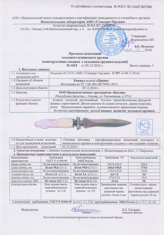 Кинжал ООО ПП Кизляр «Диана»