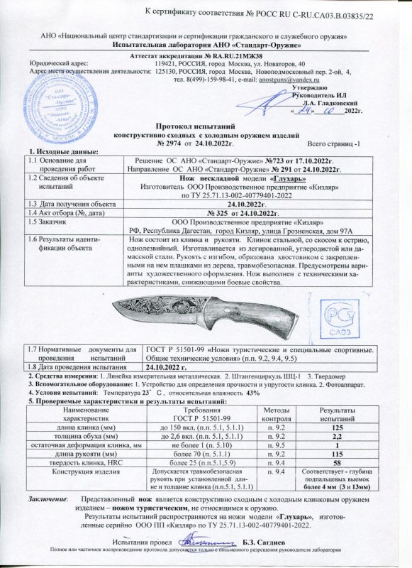 Нож нескладной ООО ПП Кизляр «Глухарь»