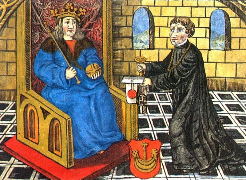 Князь Александр Ягеллончик и польский канцлер. Рисунок из книги XVI в.