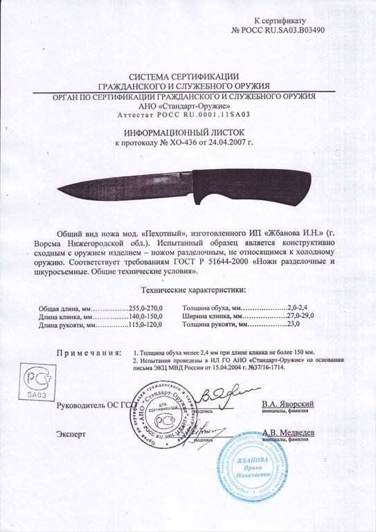 Нож нескладной Мастерской Жбанова «Пехотный»