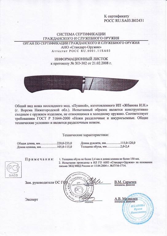 Нож нескладной Мастерской Жбанова «Пушной»