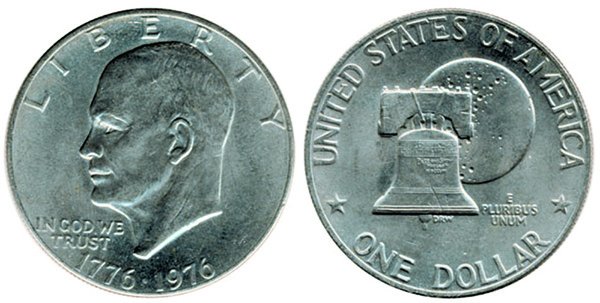 "Доллар Эйзенхауэра" или "Лунный доллар" с изображением на реверсе монеты Колокола Свободы на фоне Луны