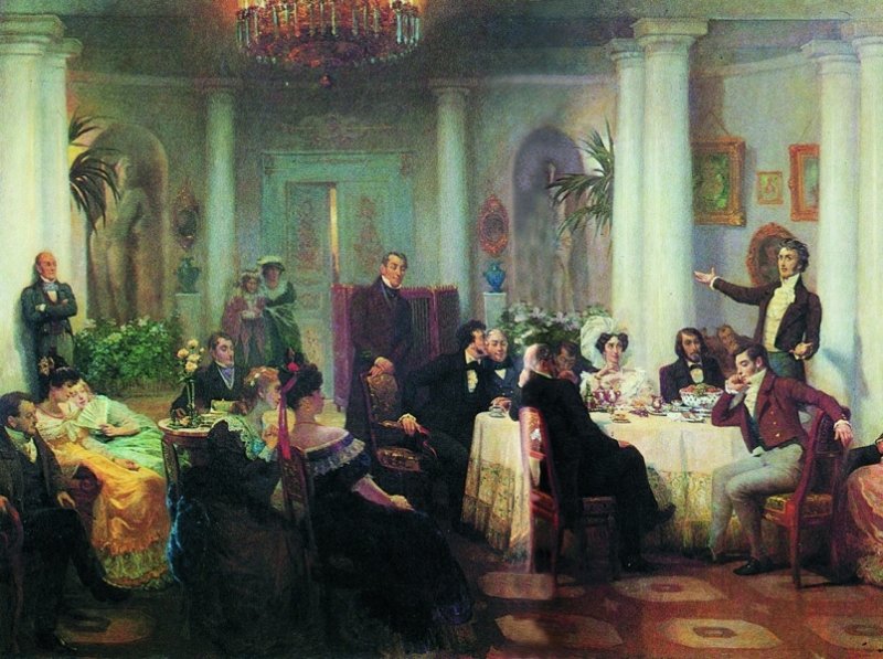 Чаадаев и Пушкин слушают стихи Адама Мицкевича. Картина 1830-х гг.