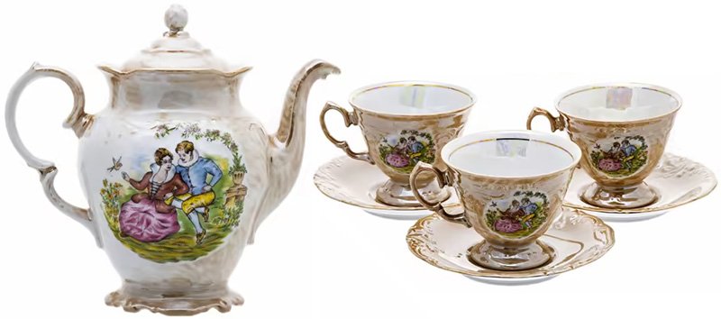 Набор из 3 чайных пар и заварочного чайника с декором в виде галантных сцен (1950-1980 гг.)
