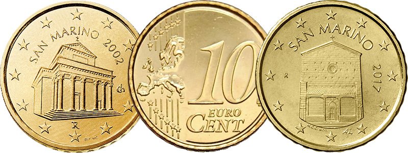 10 евроцентов Сан-Марино 2002 и 2017 гг.