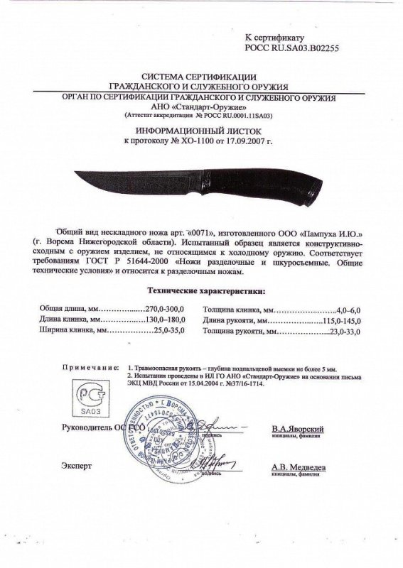 Нож нескладной ООО Пампуха И.Ю. «071»
