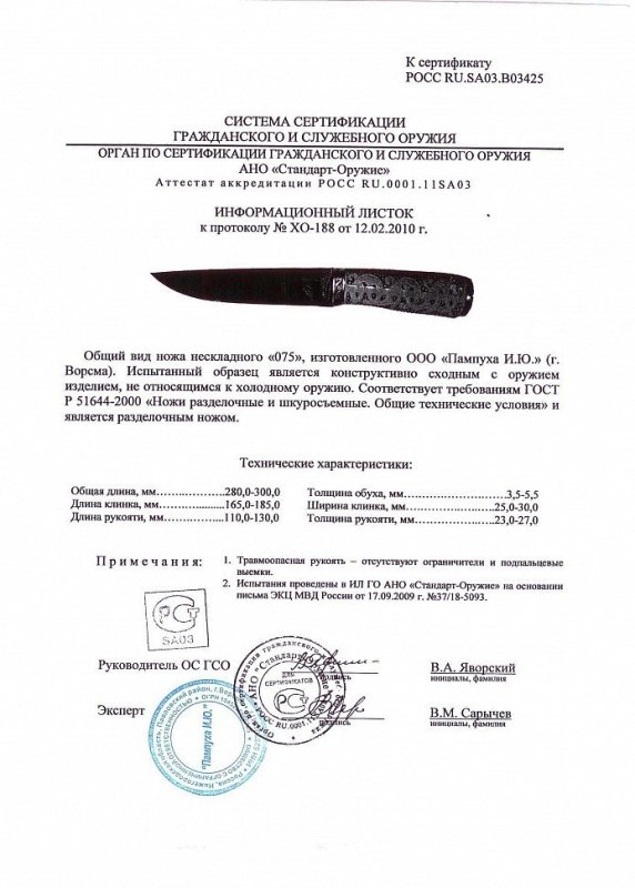 Нож нескладной ООО Пампуха И.Ю. «075»