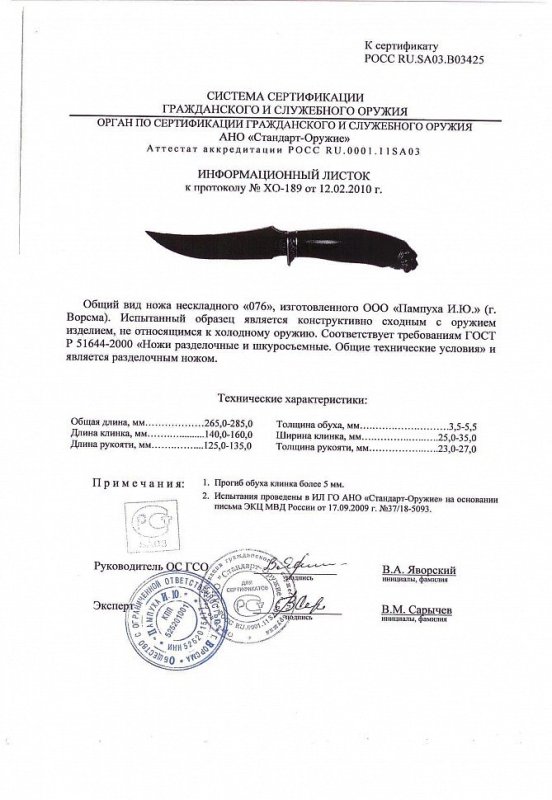 Нож нескладной ООО Пампуха И.Ю. «076»