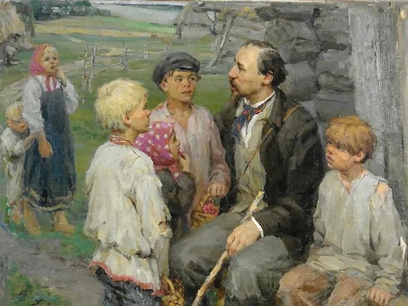 Некрасов среди детей. Картина 1959 г.