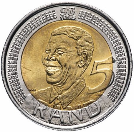 Портрет первого черного президента ЮАР Нельсона Манделы на монете 5 рандов. 2008 год. Биметалл