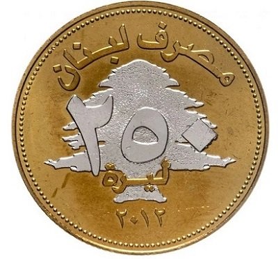 Ливанский кедр покрытый родием на «счастливой монете» 250 фунтов 2012 года, Ливан