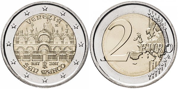 Италия, 2 евро 2017 года, «400 лет со дня постройки Собора Святого Марка». Материал – биметалл, масса – 8,5 г, диаметр – 25,75 мм