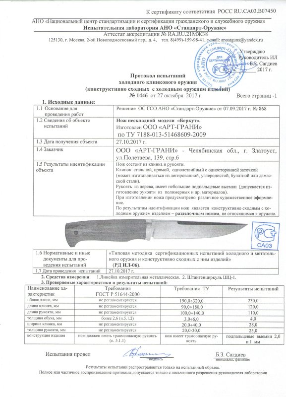 Нож нескладной «Оружейникъ» (Арт-Грани) «Беркут»