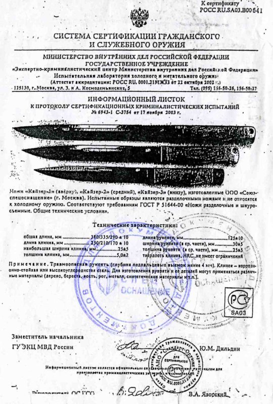 Ножи нескладные ССО «Кайзер-1», «Кайзер-2» и «Кайзер-3» (ООО «Союзспецоснащение»)