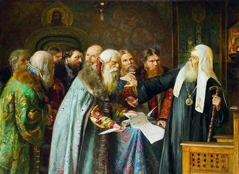 Патриарх Гермоген отказывается подписывать грамоту о роспуске ополчения. Картина конца XIX в.