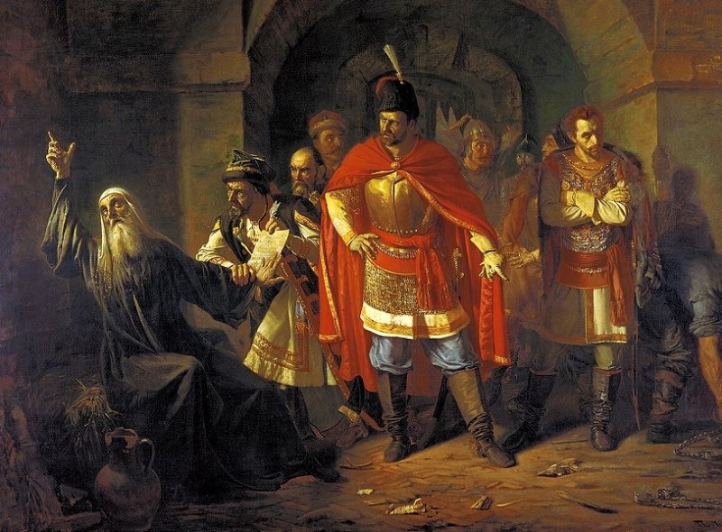 Гермоген в темнице отказывается подписать грамоту поляков. Картина 1860 г.